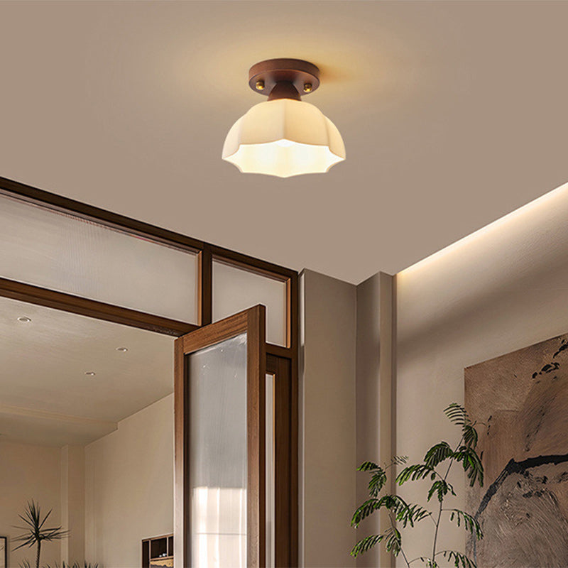 Vintage Dome Iron Wood Glass Semi-Flush Mount Ceiling Light for Living Room