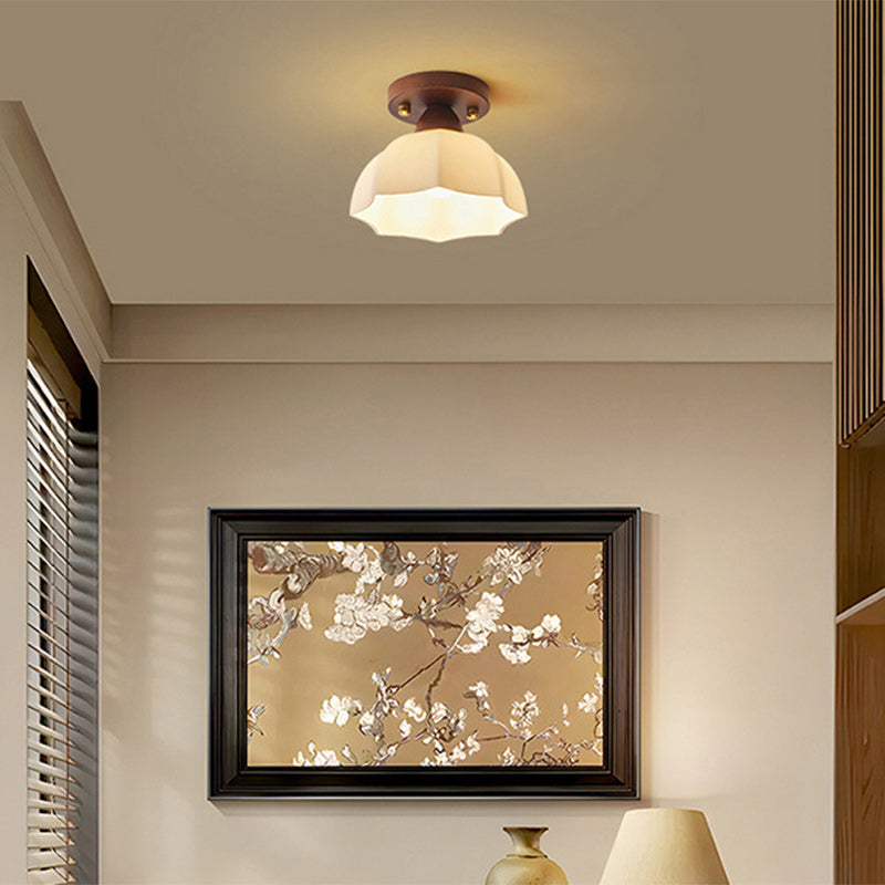Vintage Dome Iron Wood Glass Semi-Flush Mount Ceiling Light for Living Room