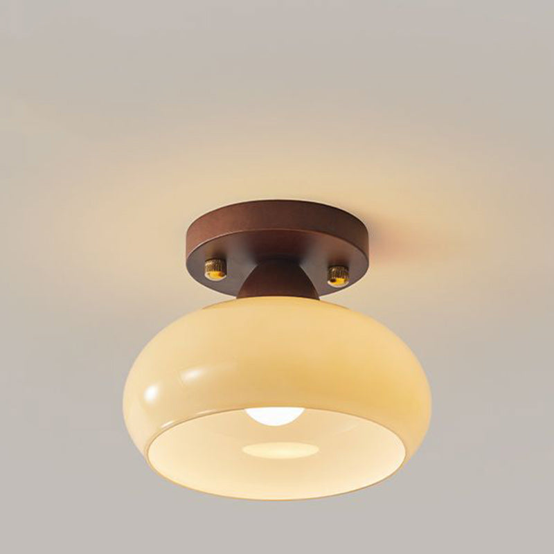 Vintage Dome Iron Wood Glass Semi-Flush Mount Ceiling Light for Living Room