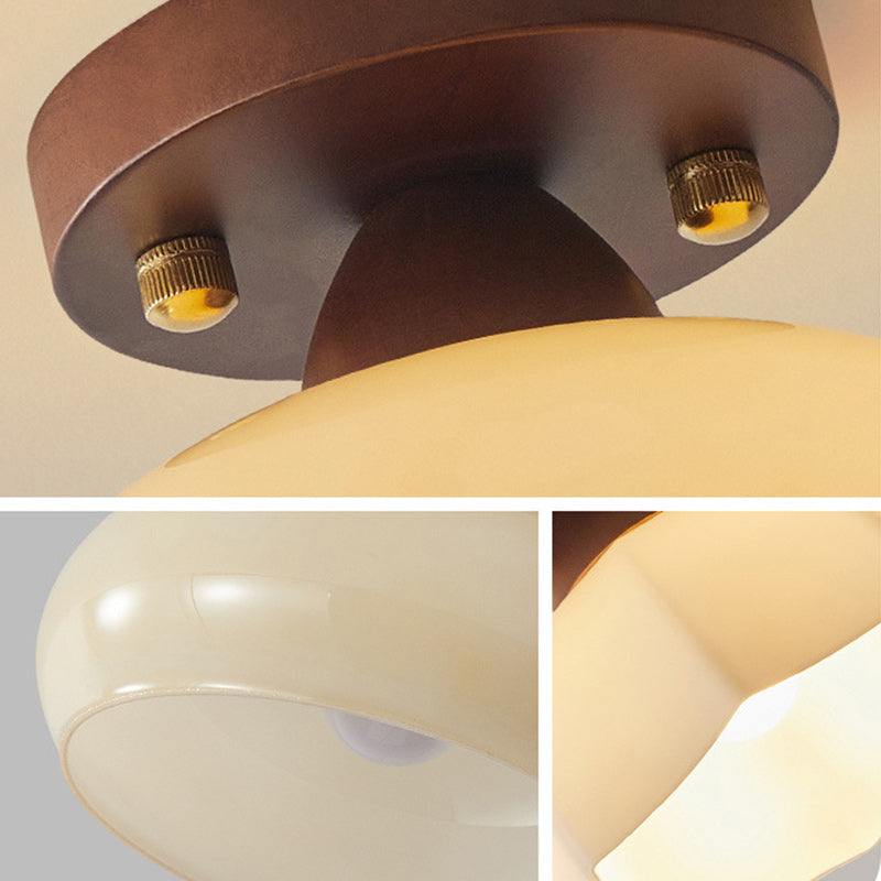 Vintage Dome Iron Wood Glass Semi-Flush Mount Ceiling Light for Living Room