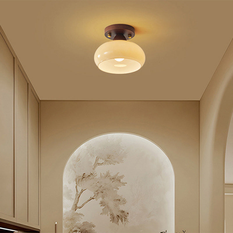 Vintage Dome Iron Wood Glass Semi-Flush Mount Ceiling Light for Living Room