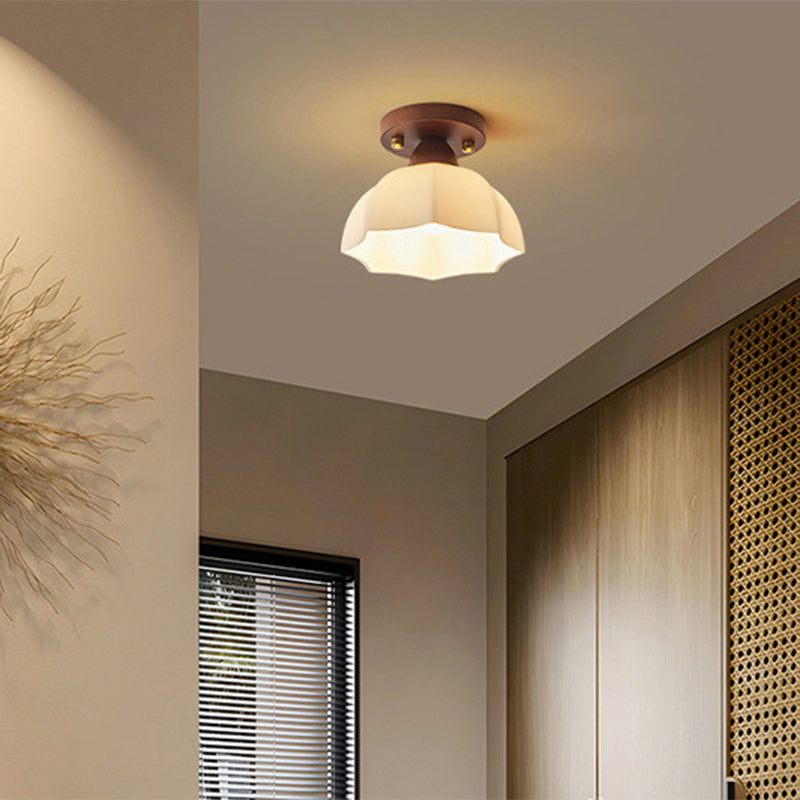 Vintage Dome Iron Wood Glass Semi-Flush Mount Ceiling Light for Living Room
