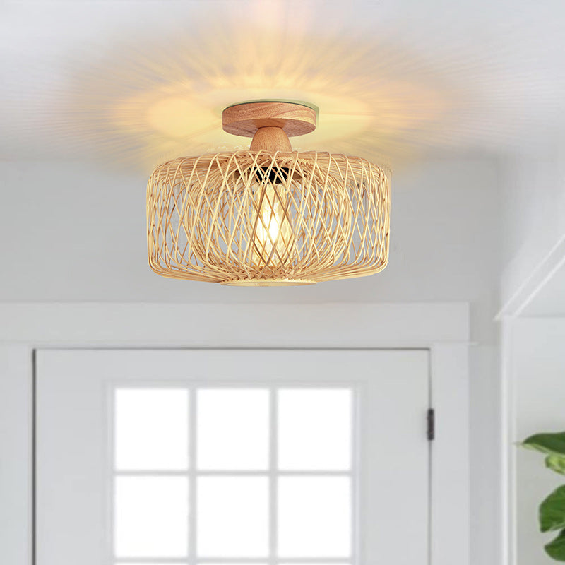Traditional Chinese Rattan Semi-Flush Mount Ceiling Light for Living Room