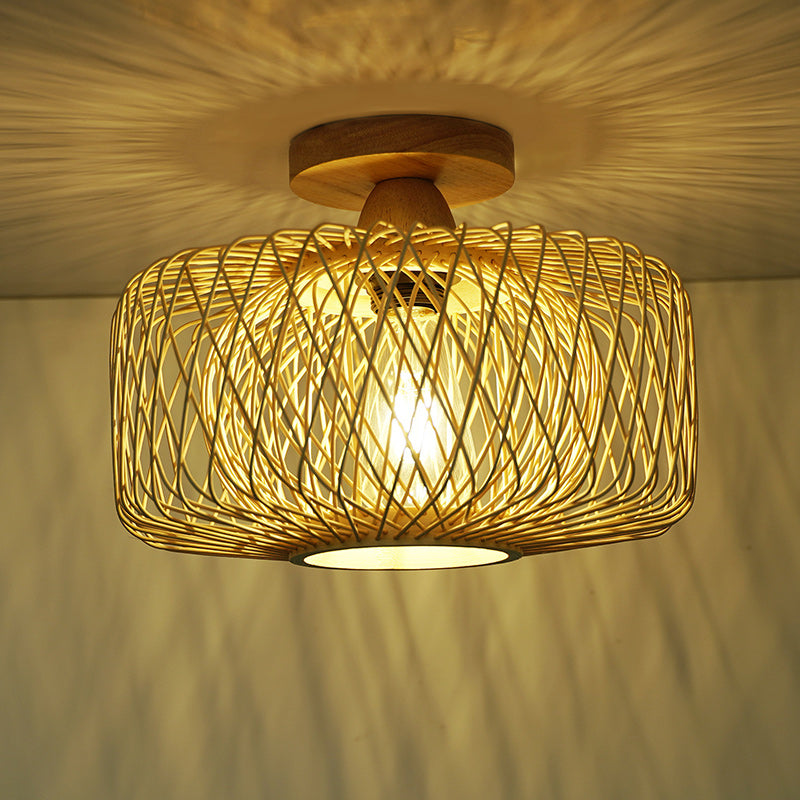 Traditional Chinese Rattan Semi-Flush Mount Ceiling Light for Living Room