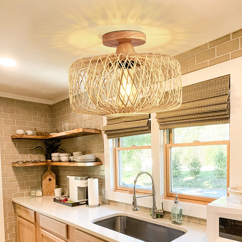 Traditional Chinese Rattan Semi-Flush Mount Ceiling Light for Living Room