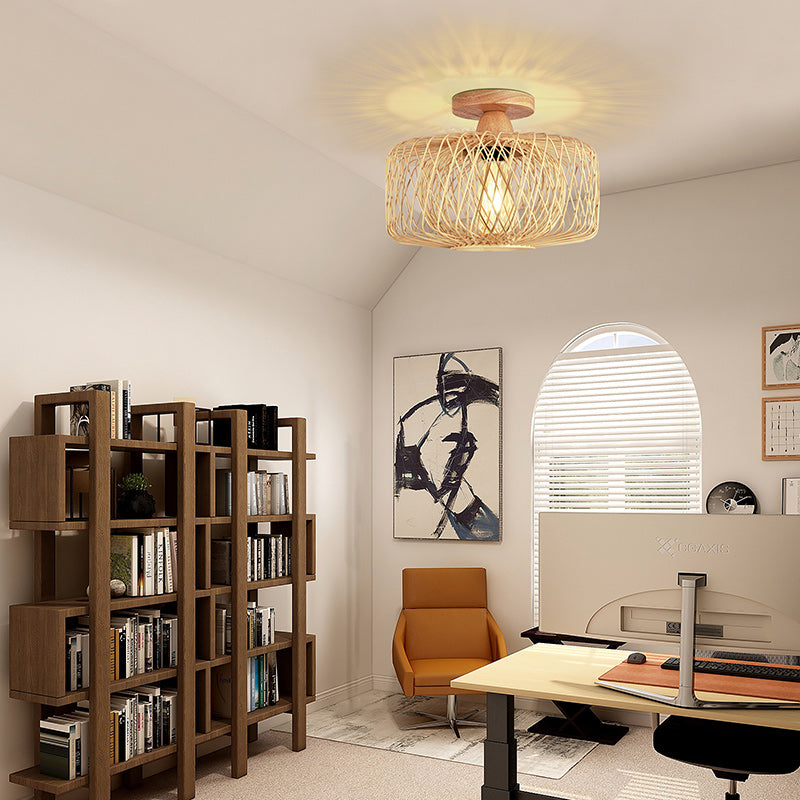 Traditional Chinese Rattan Semi-Flush Mount Ceiling Light for Living Room