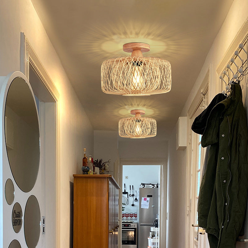 Traditional Chinese Rattan Semi-Flush Mount Ceiling Light for Living Room