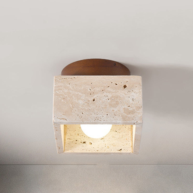 Traditional Japanese Round Square Stone Wood 1-Light Semi-Flush Mount Ceiling Light