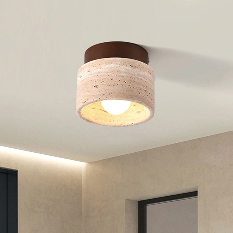 Traditional Japanese Round Square Stone Wood 1-Light Semi-Flush Mount Ceiling Light
