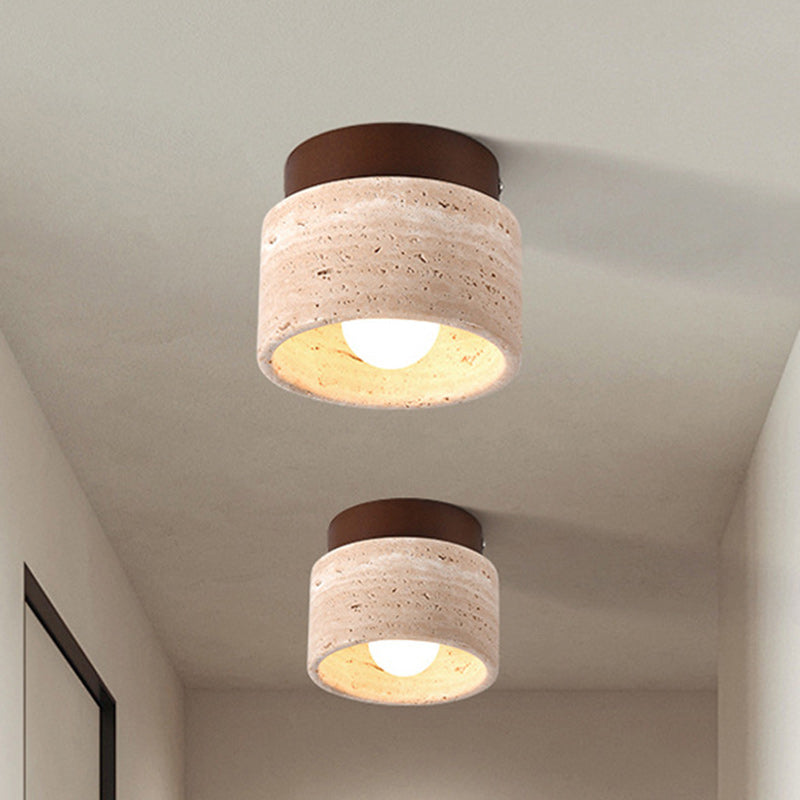 Traditional Japanese Round Square Stone Wood 1-Light Semi-Flush Mount Ceiling Light