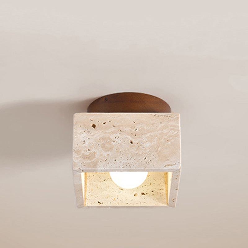 Traditional Japanese Round Square Stone Wood 1-Light Semi-Flush Mount Ceiling Light