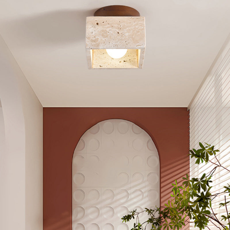 Traditional Japanese Round Square Stone Wood 1-Light Semi-Flush Mount Ceiling Light