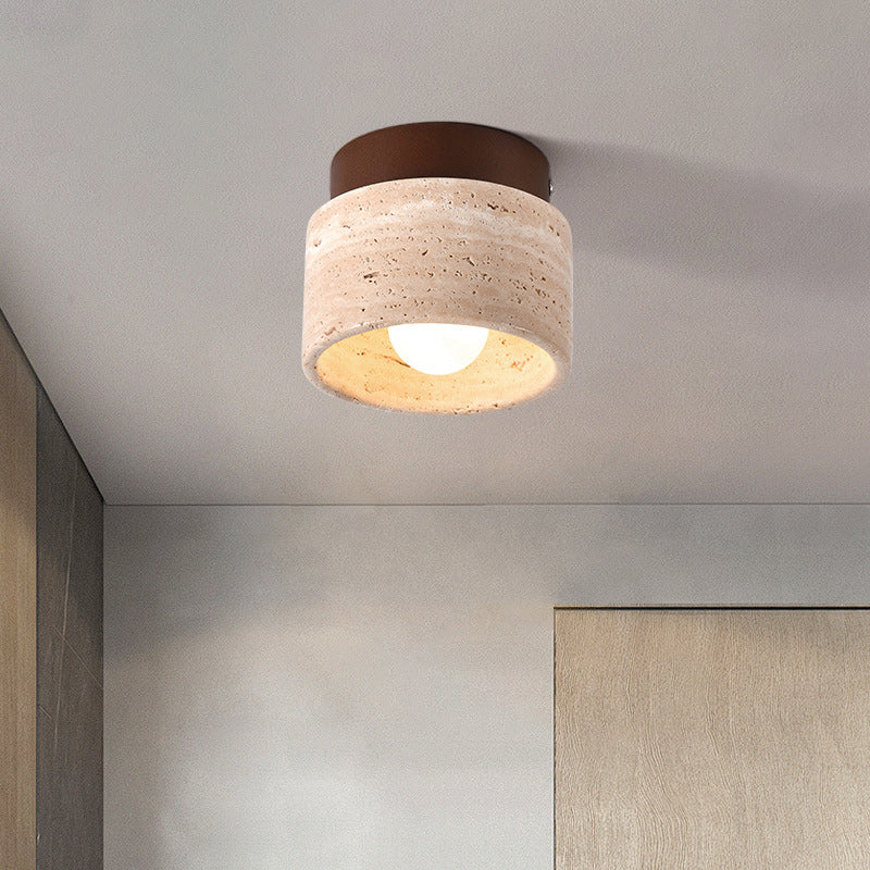 Traditional Japanese Round Square Stone Wood 1-Light Semi-Flush Mount Ceiling Light