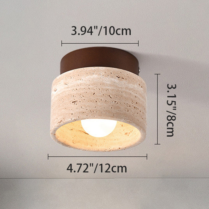 Traditional Japanese Round Square Stone Wood 1-Light Semi-Flush Mount Ceiling Light