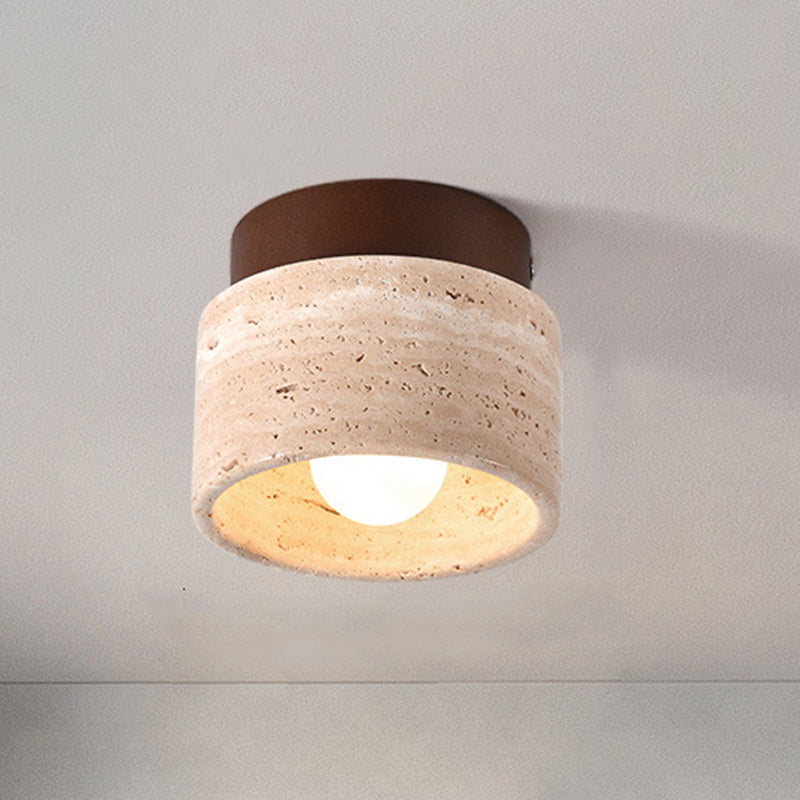 Traditional Japanese Round Square Stone Wood 1-Light Semi-Flush Mount Ceiling Light
