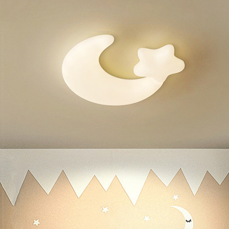 Contemporary Creative Moon Iron Plastic LED Kids Flush Mount Ceiling Light for Living Room Bedroom Nursery Playroom Modern Design Safe Low Energy Stylish Kids Decor Fixture Bright Night Light Cute Ceiling Lamp Baby Room Lighting Design
