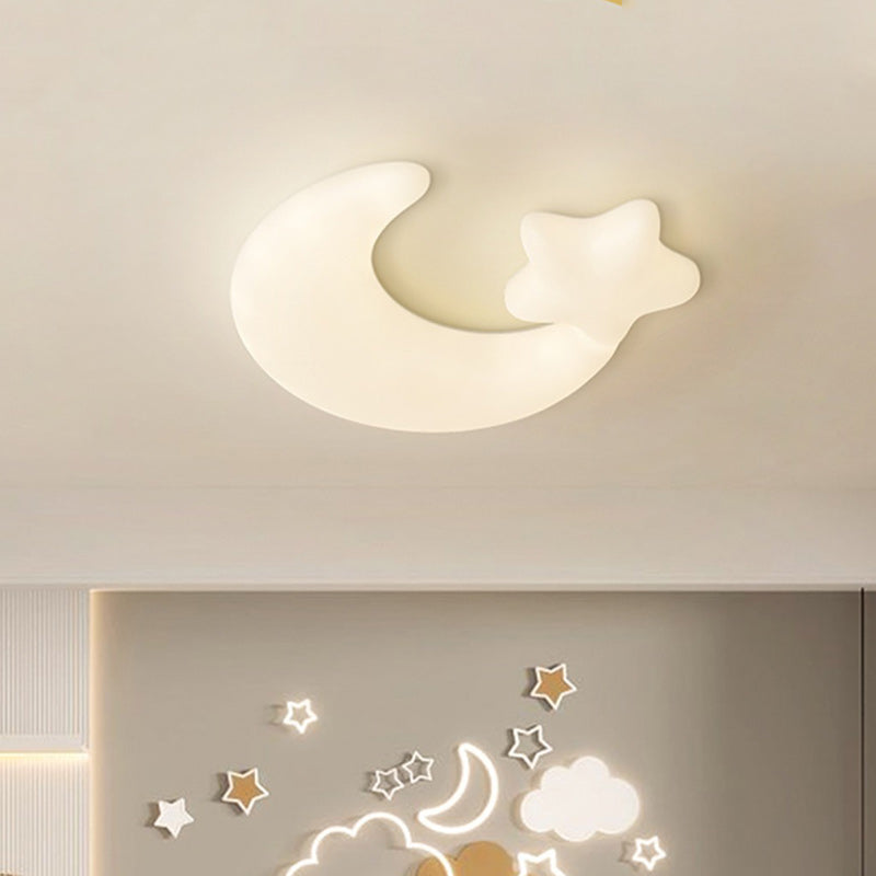 Contemporary Creative Moon Iron Plastic LED Kids Flush Mount Ceiling Light for Living Room Bedroom Nursery Playroom Modern Design Safe Low Energy Stylish Kids Decor Fixture Bright Night Light Cute Ceiling Lamp Baby Room Lighting Design