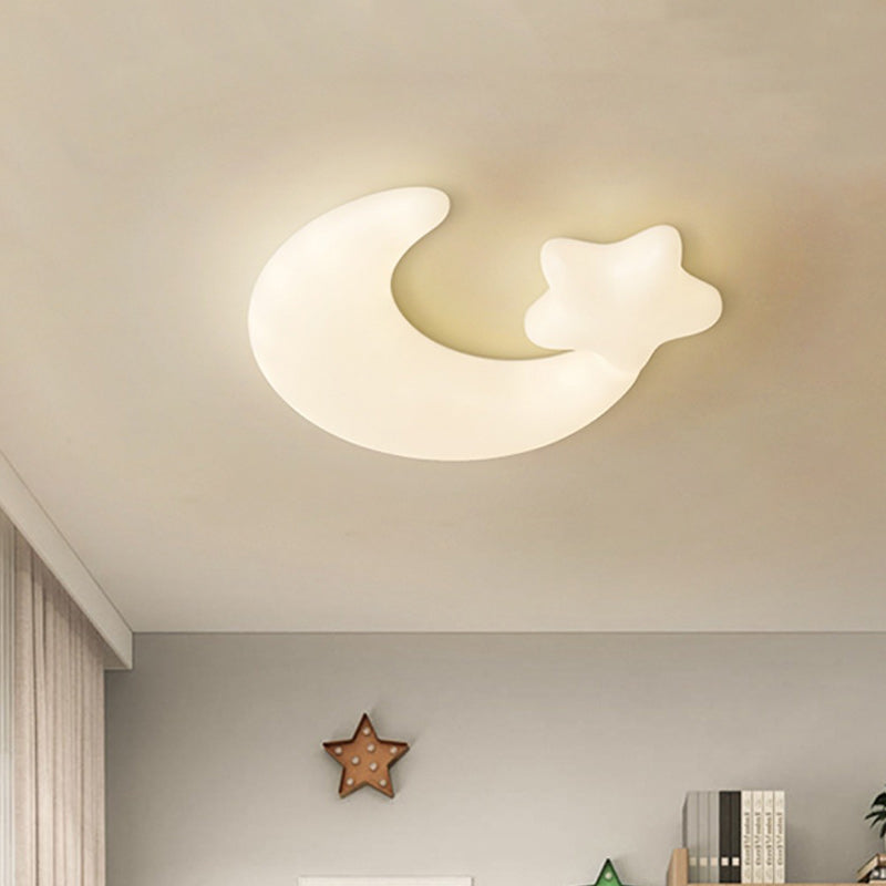 Contemporary Creative Moon Iron Plastic LED Kids Flush Mount Ceiling Light for Living Room Bedroom Nursery Playroom Modern Design Safe Low Energy Stylish Kids Decor Fixture Bright Night Light Cute Ceiling Lamp Baby Room Lighting Design