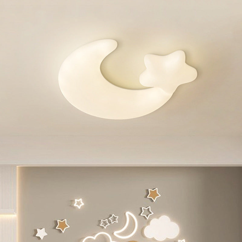 Contemporary Creative Moon Iron Plastic LED Kids Flush Mount Ceiling Light for Living Room Bedroom Nursery Playroom Modern Design Safe Low Energy Stylish Kids Decor Fixture Bright Night Light Cute Ceiling Lamp Baby Room Lighting Design