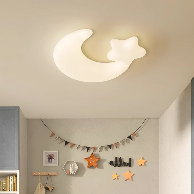 Contemporary Creative Moon Iron Plastic LED Kids Flush Mount Ceiling Light for Living Room Bedroom Nursery Playroom Modern Design Safe Low Energy Stylish Kids Decor Fixture Bright Night Light Cute Ceiling Lamp Baby Room Lighting Design