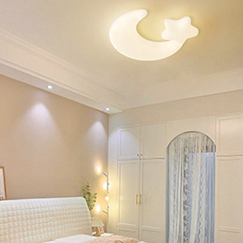 Contemporary Creative Moon Iron Plastic LED Kids Flush Mount Ceiling Light for Living Room Bedroom Nursery Playroom Modern Design Safe Low Energy Stylish Kids Decor Fixture Bright Night Light Cute Ceiling Lamp Baby Room Lighting Design