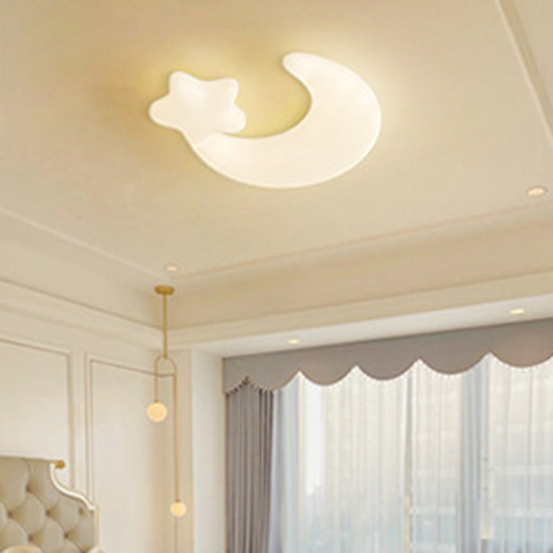 Contemporary Creative Moon Iron Plastic LED Kids Flush Mount Ceiling Light for Living Room Bedroom Nursery Playroom Modern Design Safe Low Energy Stylish Kids Decor Fixture Bright Night Light Cute Ceiling Lamp Baby Room Lighting Design