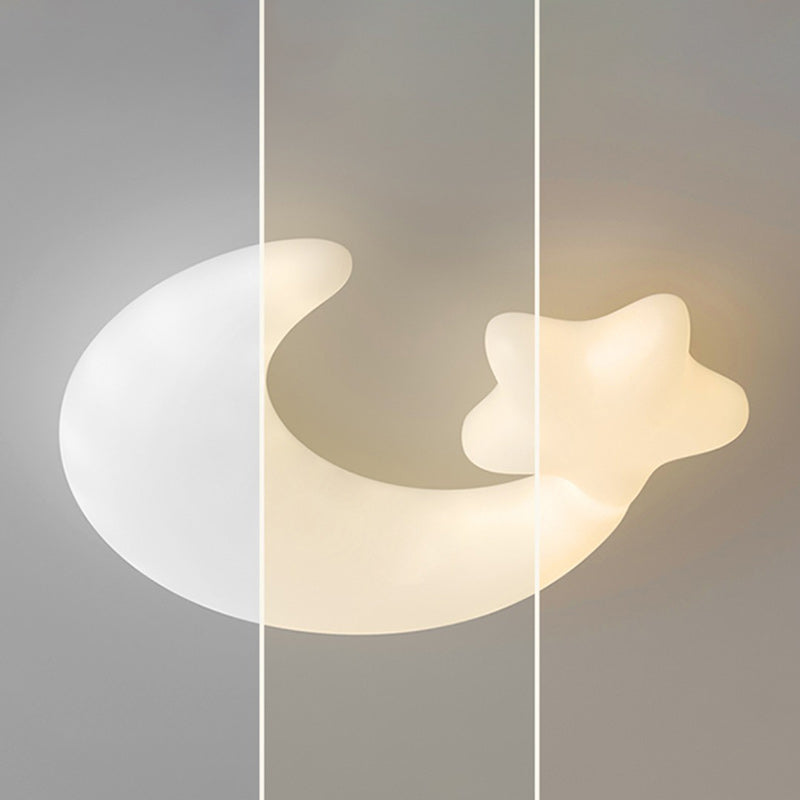 Contemporary Creative Moon Iron Plastic LED Kids Flush Mount Ceiling Light for Living Room Bedroom Nursery Playroom Modern Design Safe Low Energy Stylish Kids Decor Fixture Bright Night Light Cute Ceiling Lamp Baby Room Lighting Design