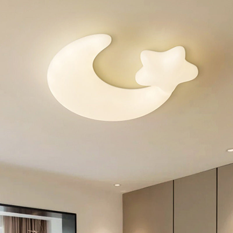 Contemporary Creative Moon Iron Plastic LED Kids Flush Mount Ceiling Light for Living Room Bedroom Nursery Playroom Modern Design Safe Low Energy Stylish Kids Decor Fixture Bright Night Light Cute Ceiling Lamp Baby Room Lighting Design