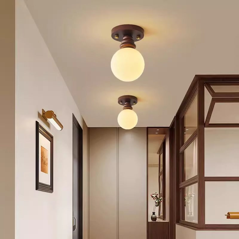 Traditional Japanese Oval Wood Glass Semi-Flush Mount Ceiling Light for Living Room