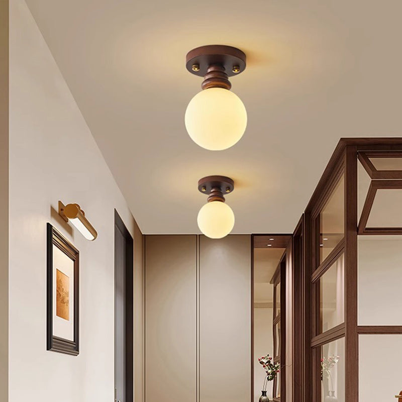 Traditional Japanese Oval Wood Glass Semi-Flush Mount Ceiling Light for Living Room