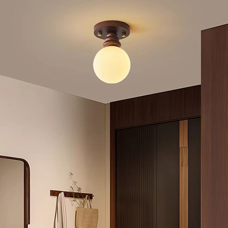 Traditional Japanese Oval Wood Glass Semi-Flush Mount Ceiling Light for Living Room