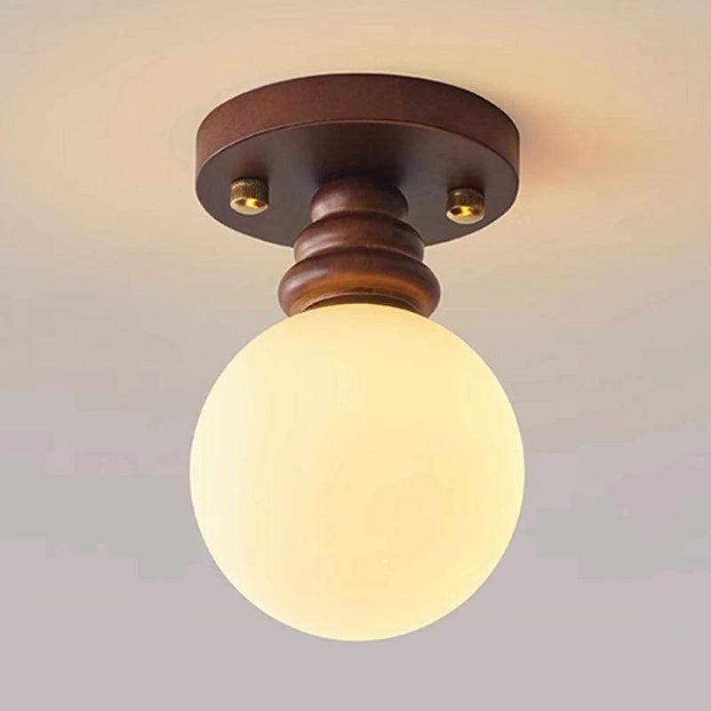 Traditional Japanese Oval Wood Glass Semi-Flush Mount Ceiling Light for Living Room