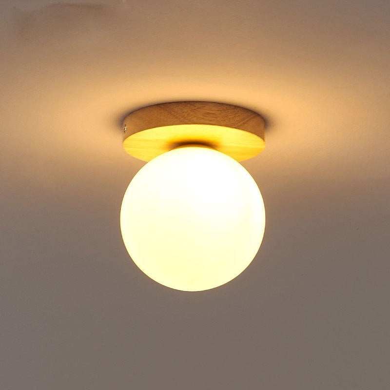 Modern Minimalist Globe Wood Glass Semi-Flush Mount Ceiling Light for Living Room