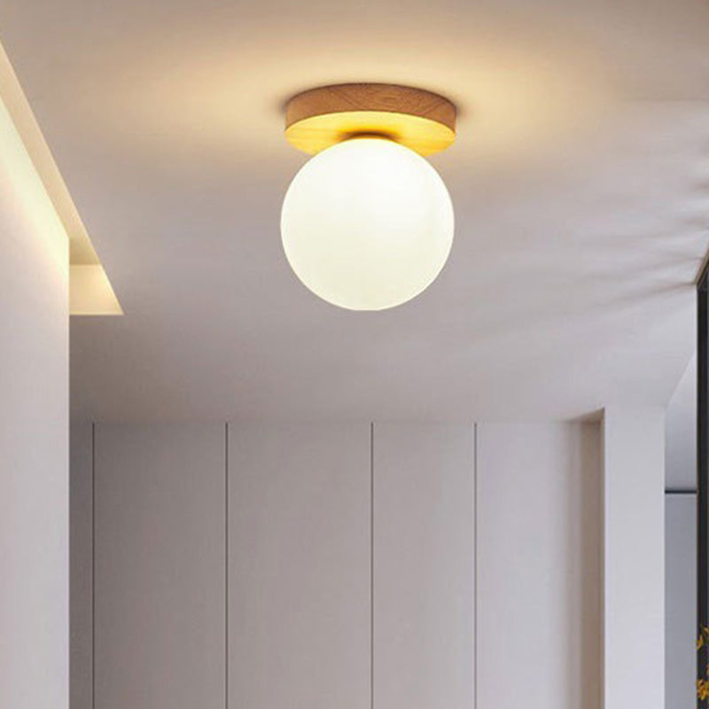 Modern Minimalist Globe Wood Glass Semi-Flush Mount Ceiling Light for Living Room