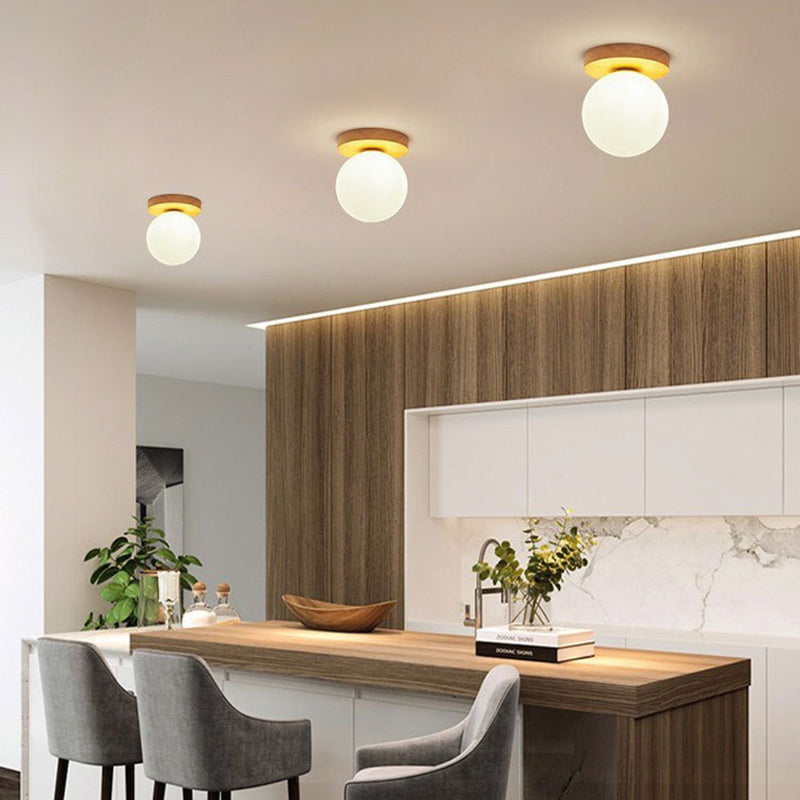 Modern Minimalist Globe Wood Glass Semi-Flush Mount Ceiling Light for Living Room