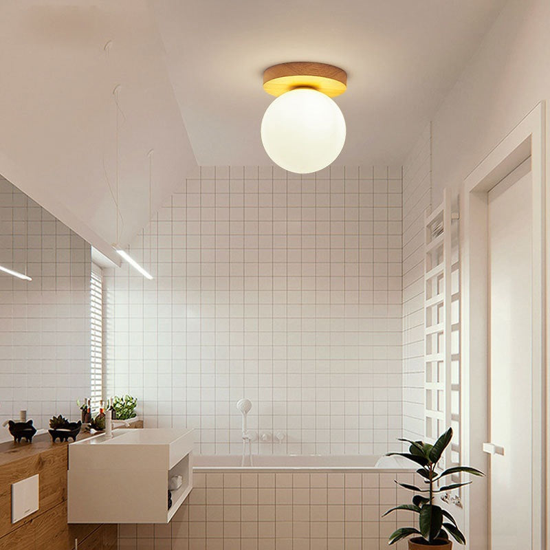 Modern Minimalist Globe Wood Glass Semi-Flush Mount Ceiling Light for Living Room