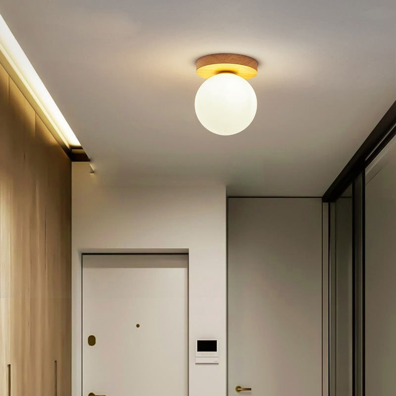Modern Minimalist Globe Wood Glass Semi-Flush Mount Ceiling Light for Living Room
