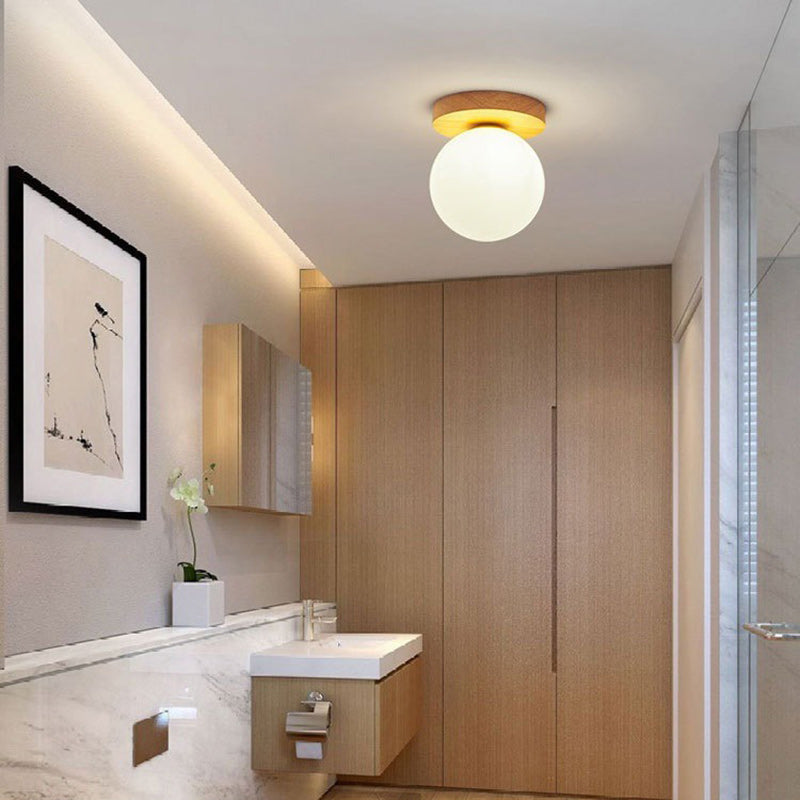 Modern Minimalist Globe Wood Glass Semi-Flush Mount Ceiling Light for Living Room