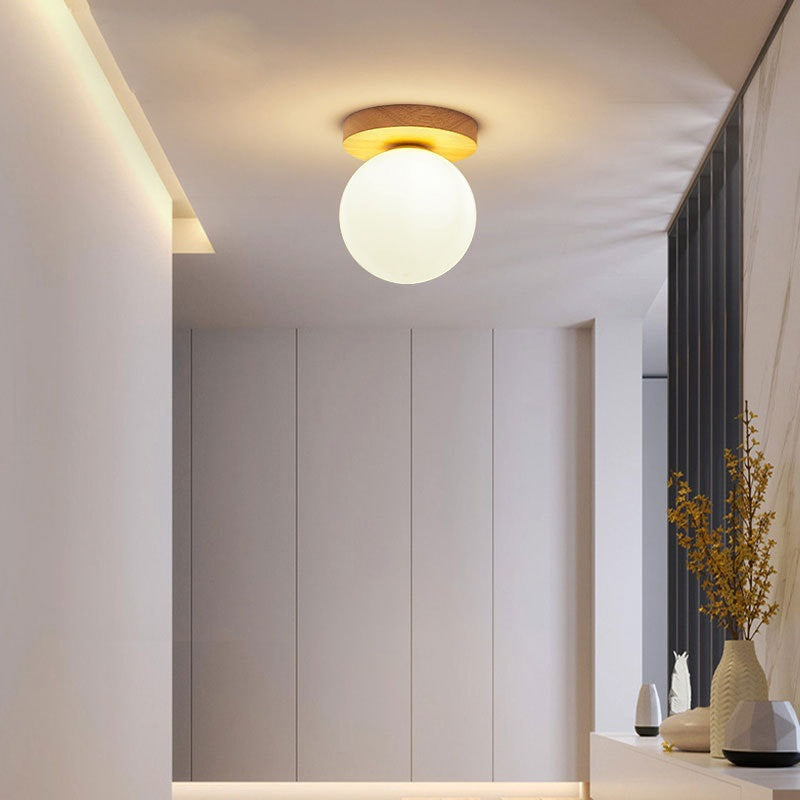 Modern Minimalist Globe Wood Glass Semi-Flush Mount Ceiling Light for Living Room