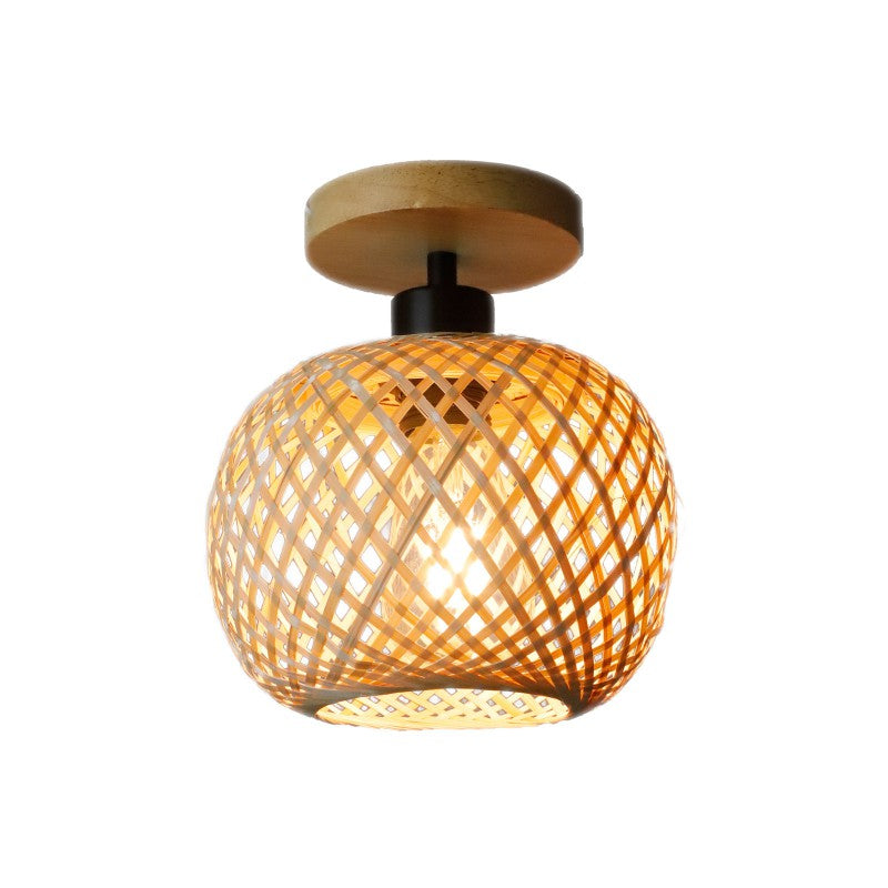 Traditional Japanese Oval Wood Iron Bamboo Semi-Flush Mount Ceiling Light