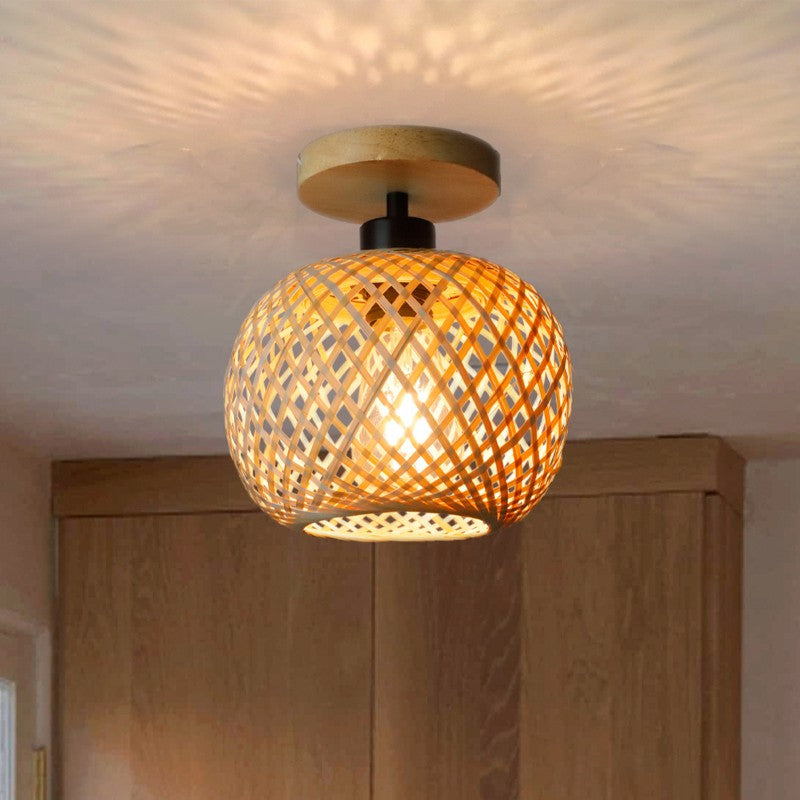Traditional Japanese Oval Wood Iron Bamboo Semi-Flush Mount Ceiling Light
