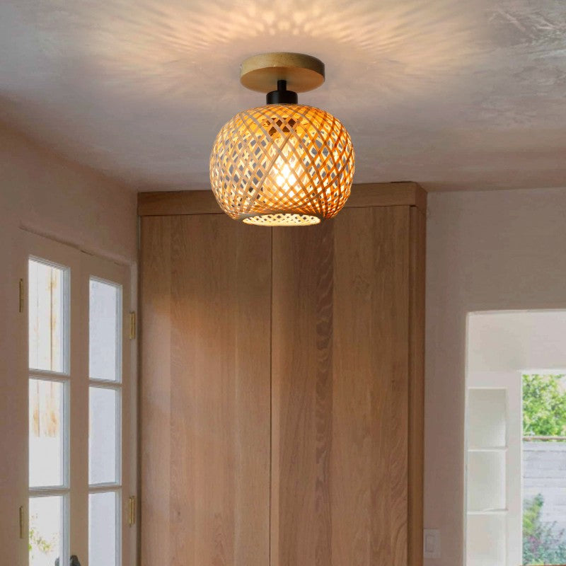 Traditional Japanese Oval Wood Iron Bamboo Semi-Flush Mount Ceiling Light