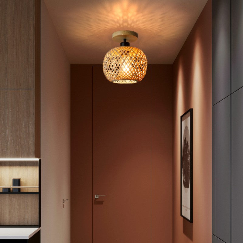 Traditional Japanese Oval Wood Iron Bamboo Semi-Flush Mount Ceiling Light
