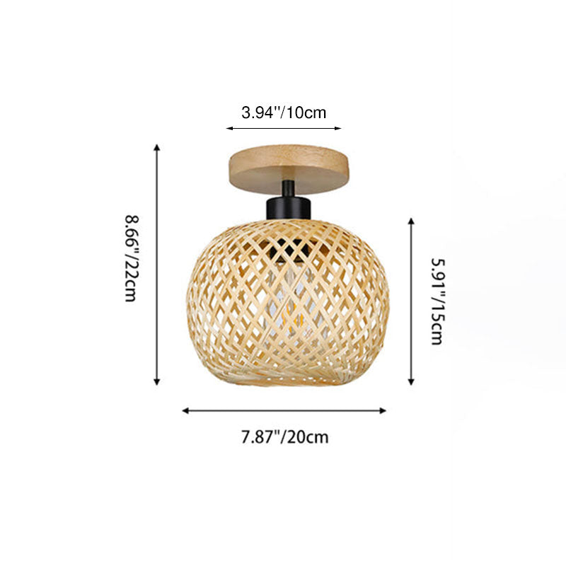 Traditional Japanese Oval Wood Iron Bamboo Semi-Flush Mount Ceiling Light