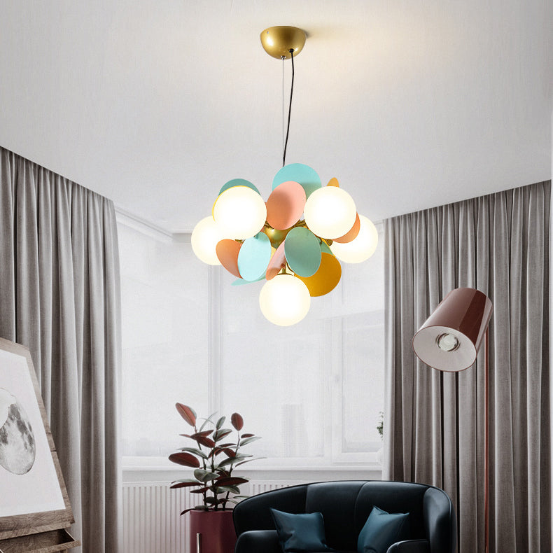 Contemporary Nordic Metal Chandelier - Colorful Acrylic Flower Branch Glass Ball 5/6/8/10/12/15 Light for Living Room