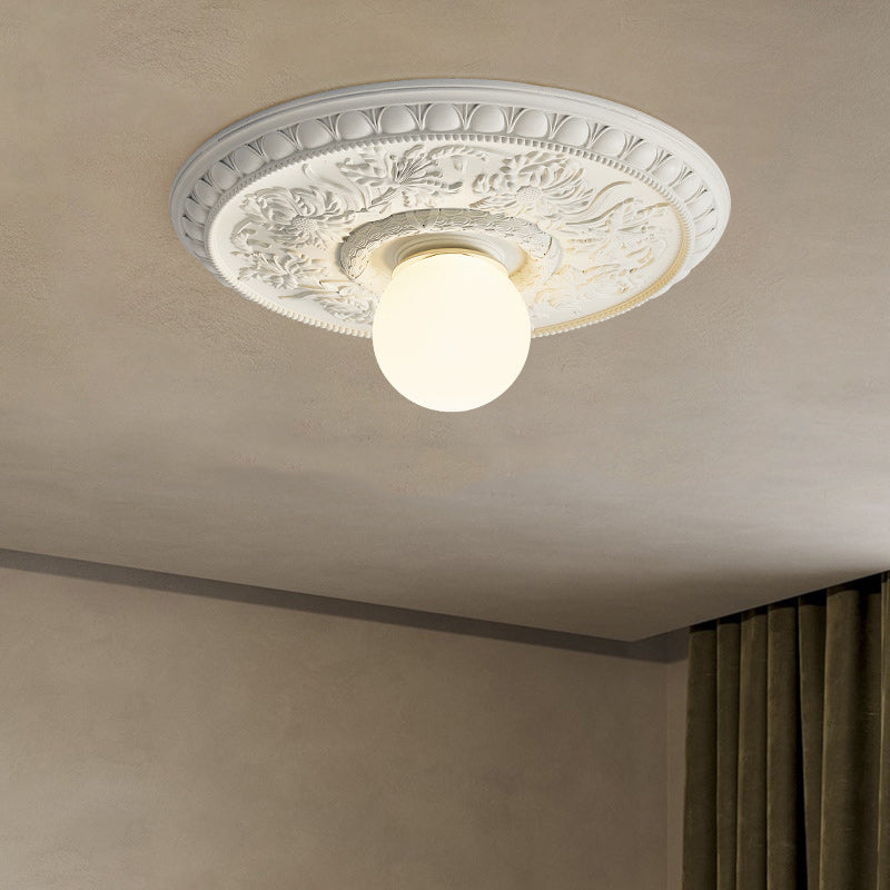 Traditional French Handmade Round Relief Resin Glass Flush Mount Ceiling Light for Hallway