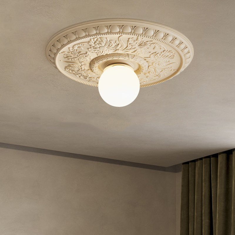Traditional French Handmade Round Relief Resin Glass Flush Mount Ceiling Light for Hallway