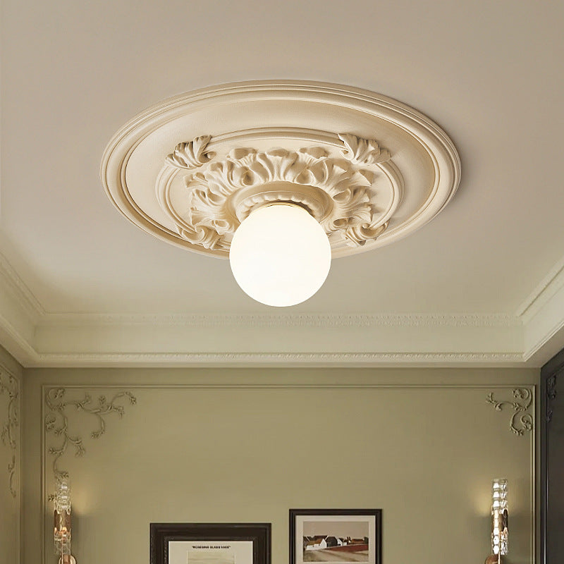 Traditional French Handmade Round Relief Resin Glass Flush Mount Ceiling Light for Hallway