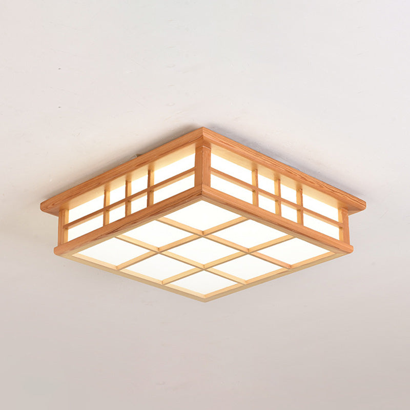 Traditional Japanese Square Lattice LED Flush Mount Ceiling Light - Iron Wood Design for Living Room