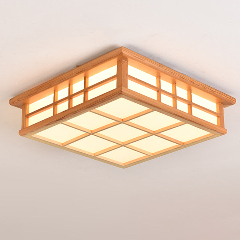Traditional Japanese Square Lattice LED Flush Mount Ceiling Light - Iron Wood Design for Living Room